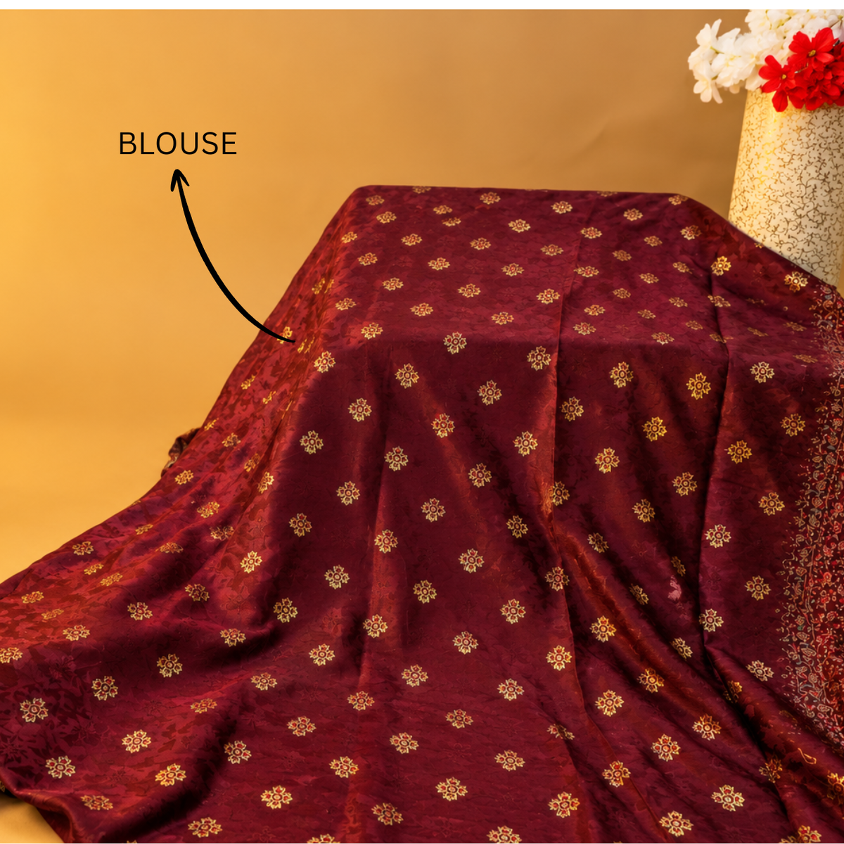 Hand-Block Printed Maroon Silk Saree