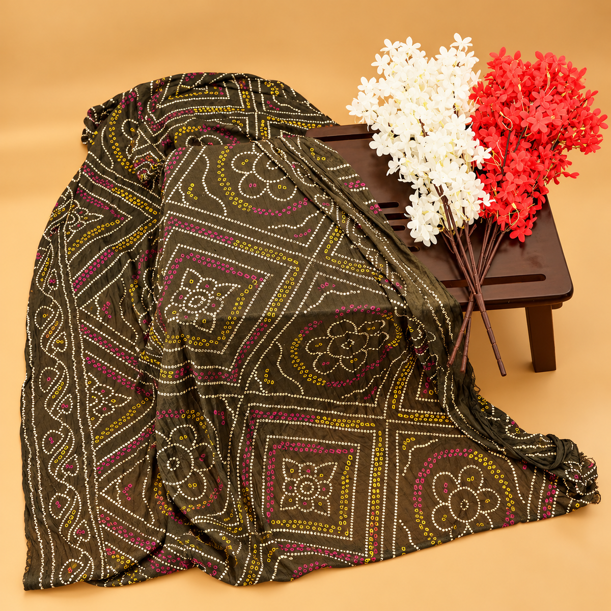 Handmade Bandhani-Style Saree with Multicolour Detailing