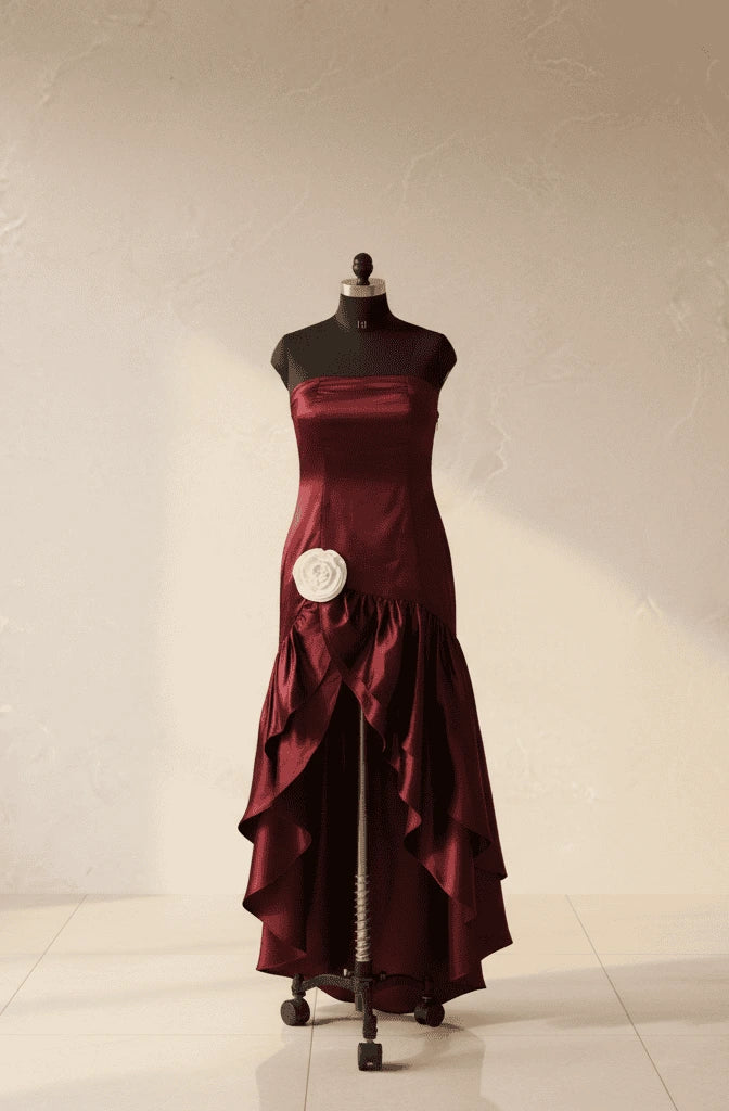 Delilah | Maroon Satin Asymmetrical Tiered Strapless Dress