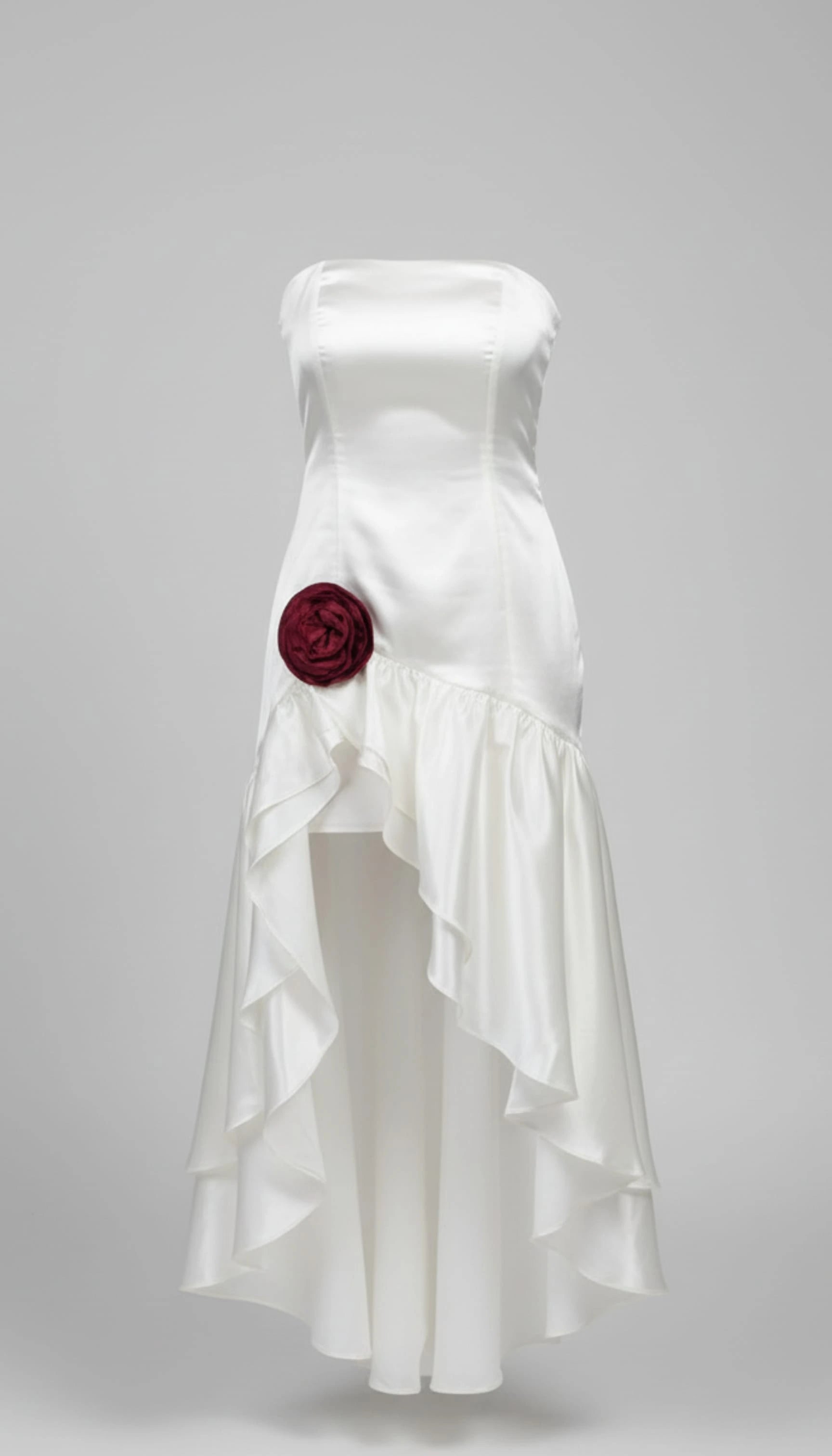 Delilah  | Off-White Satin Asymmetrical Tiered Strapless Dress