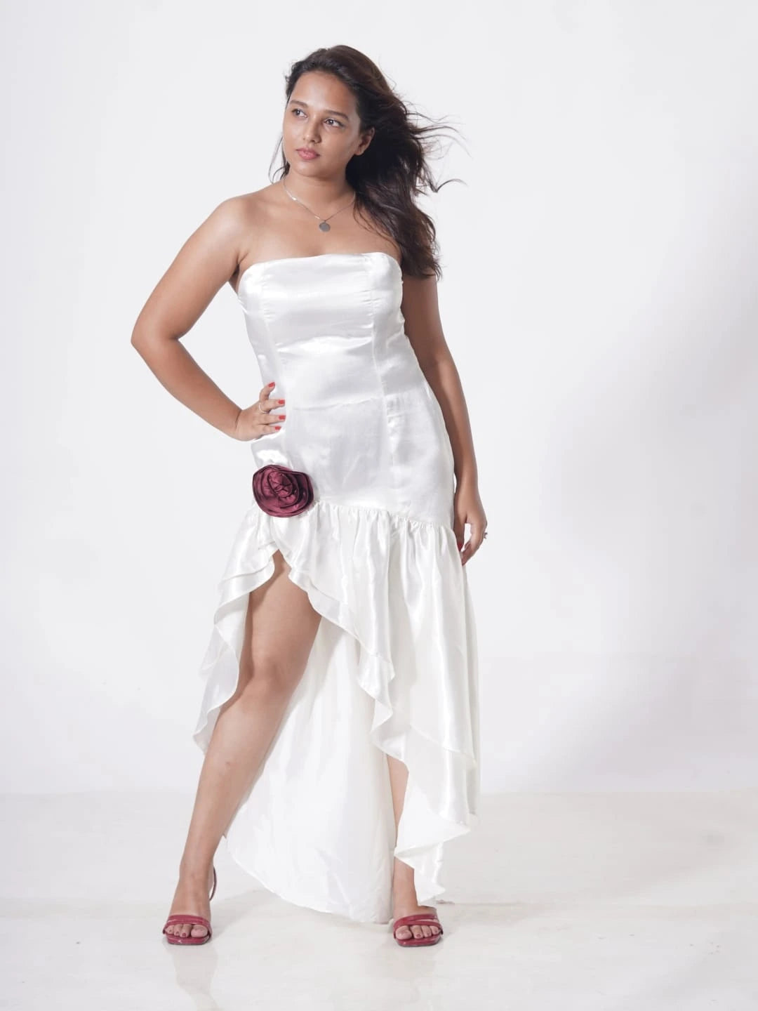 Off-White Satin Asymmetrical Tiered Strapless Dress ELLORAH CLOTHING Off-White Satin Asymmetrical Tiered Strapless Dress ELLORAH CLOTHING