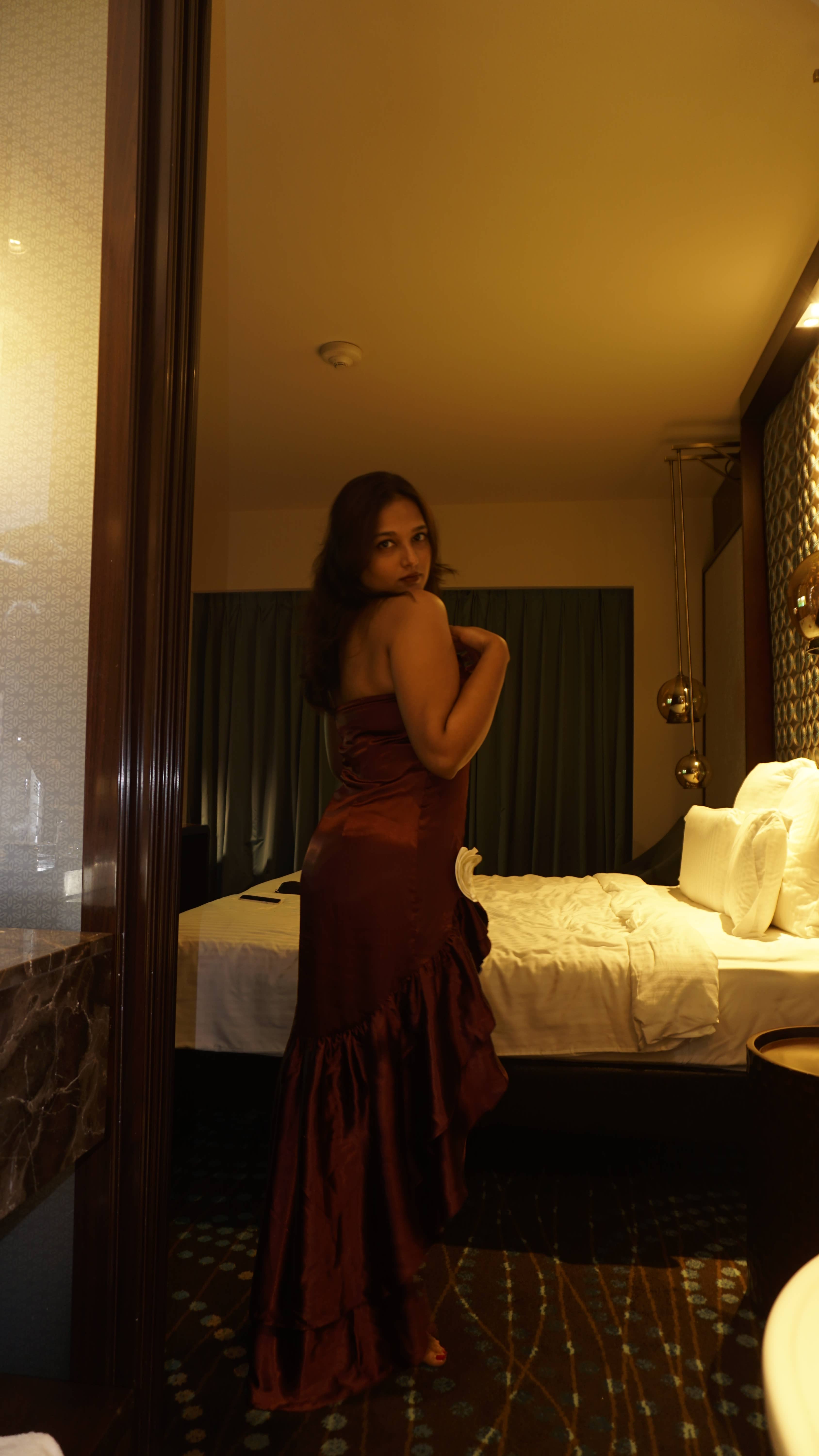 Delilah | Maroon Satin Asymmetrical Tiered Strapless Dress