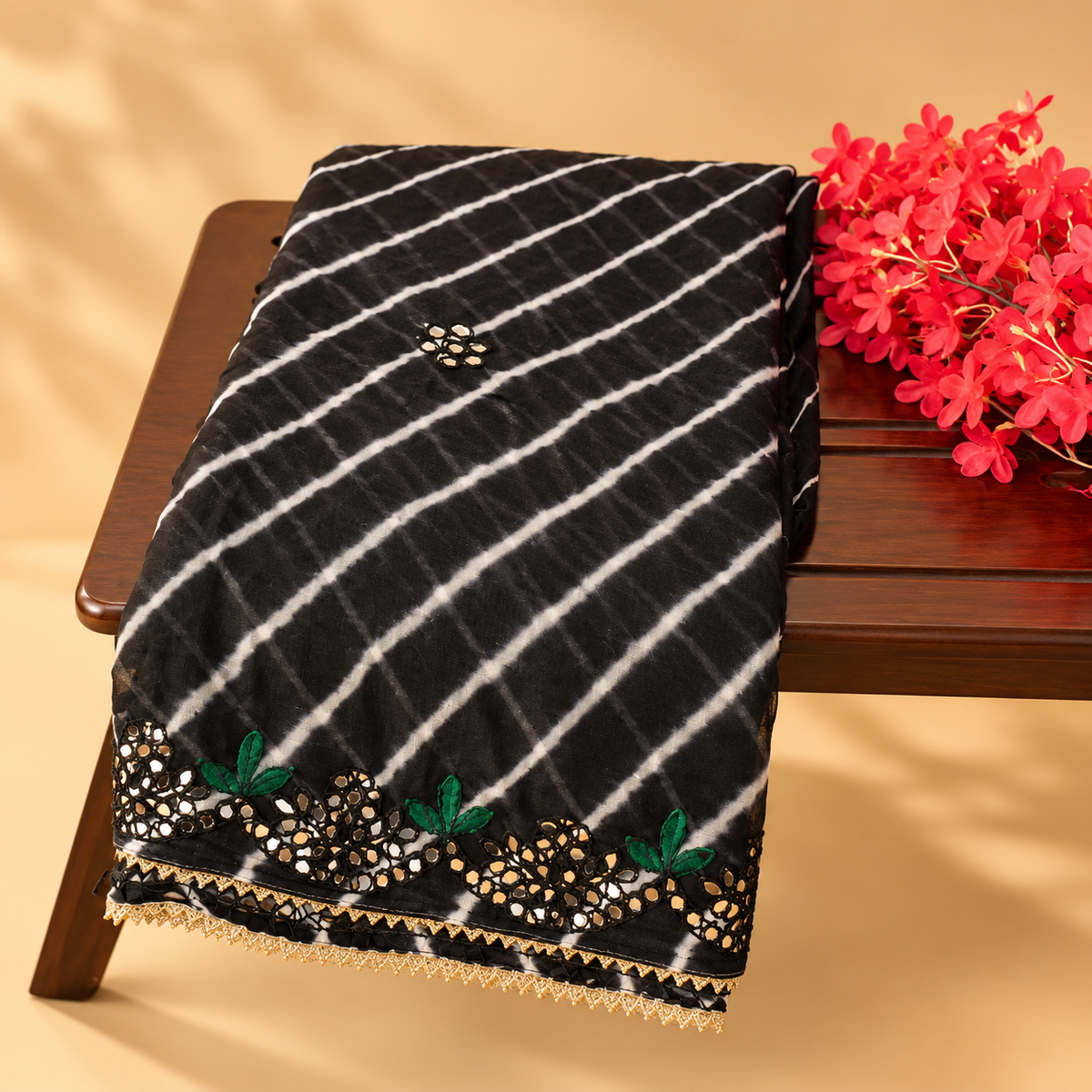 Handmade Saree | Chinon Silk | Leheriya tie-dye handprint