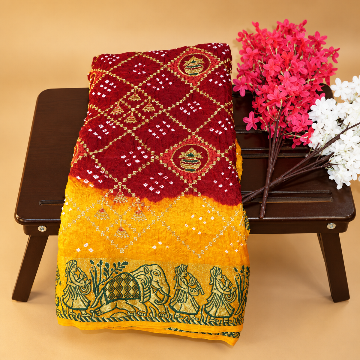 Handmade Bandhani Silk Saree – Maroon &  Mustard Yellow
