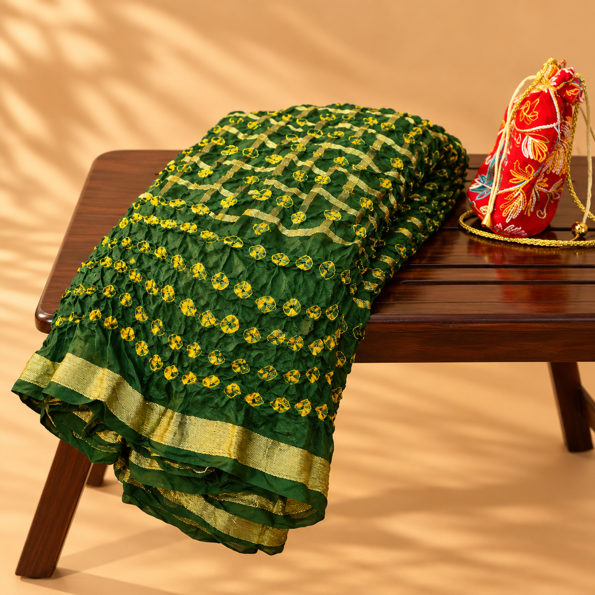 Handcrafted Silk Bandhani Saree | Emerald Green with Golden Border