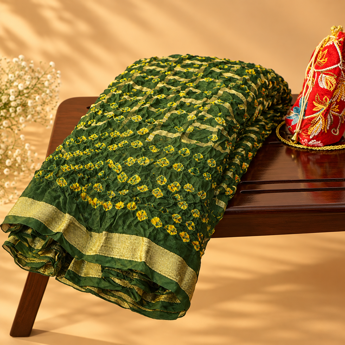 Handcrafted Silk Bandhani Saree | Emerald Green with Golden Border