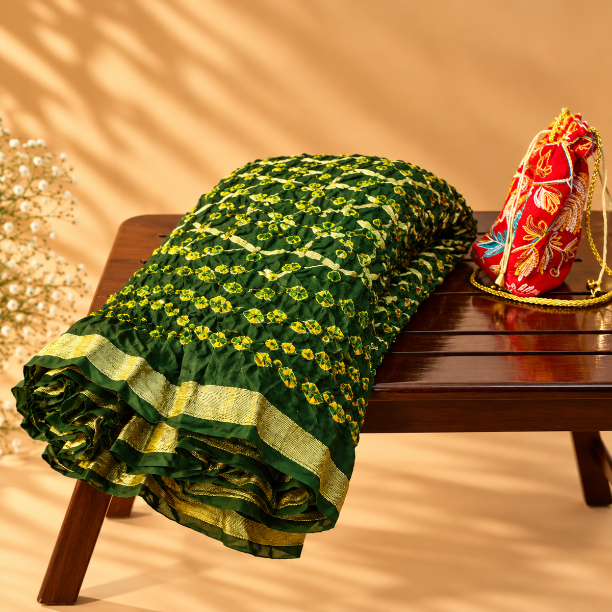 Handcrafted Silk Bandhani Saree | Emerald Green with Golden Border