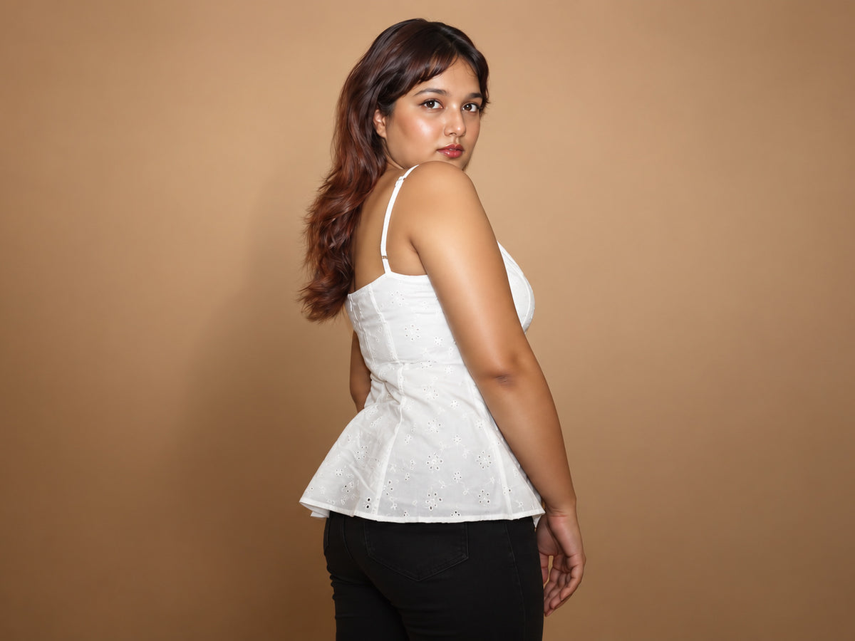 Caroline Top | White Cotton Schiffli Peplum
