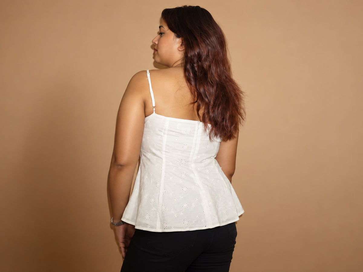 Caroline Top | White Cotton Schiffli Peplum