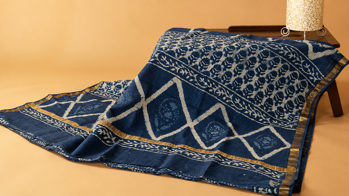 Indigo Hand-Block Printed Kota Doria Saree