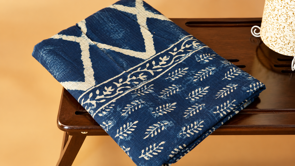 Indigo Hand-Block Printed Kota Doria Saree