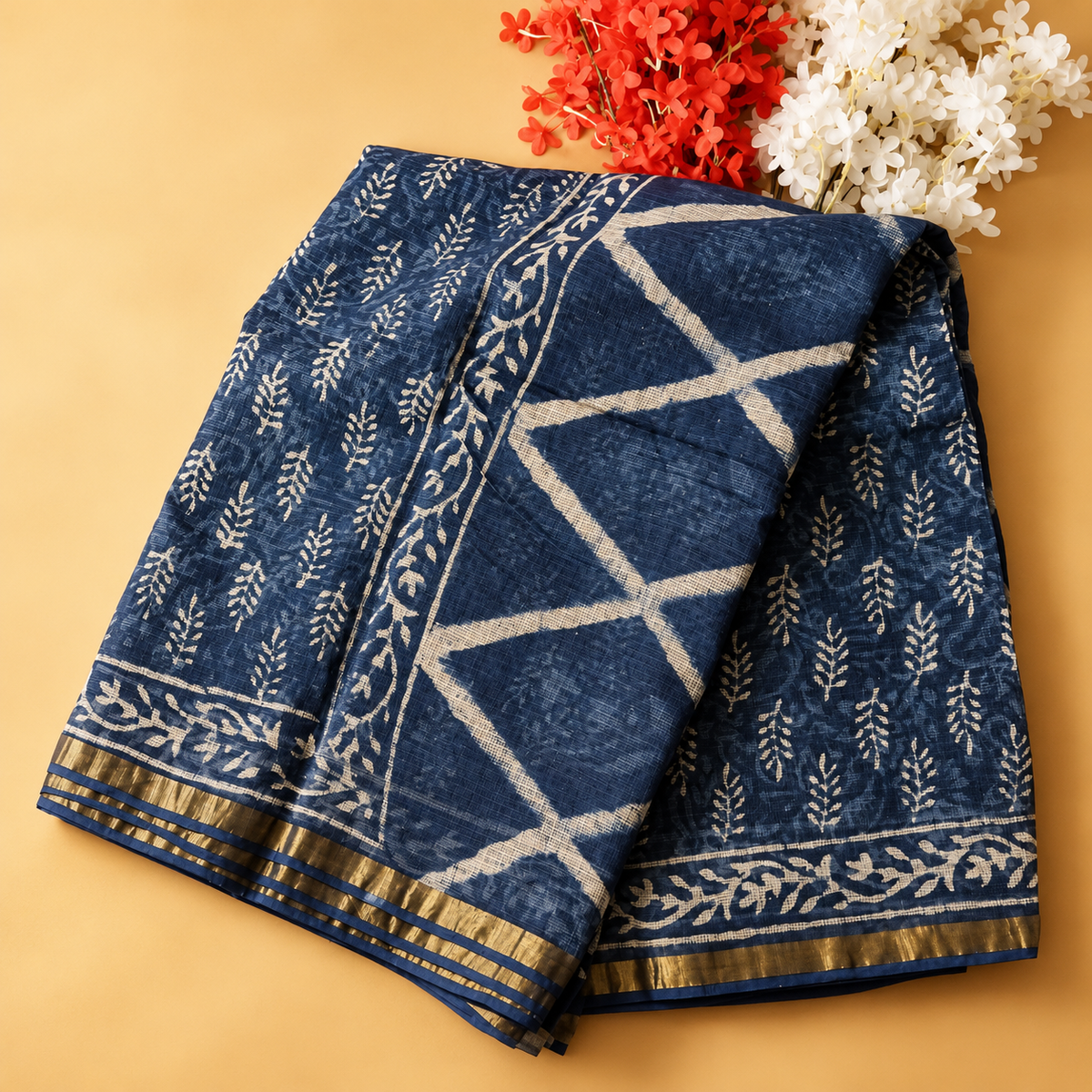 Indigo Hand-Block Printed Kota Doria Saree