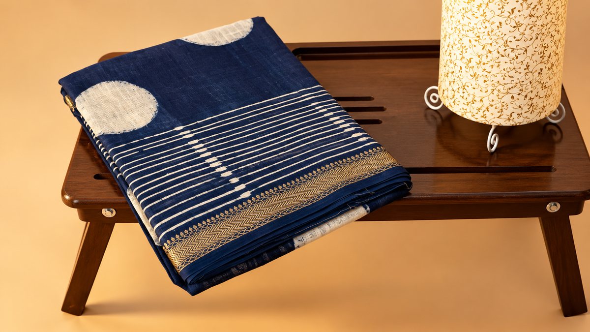 Hand-Block Indigo Printed Saree | Maheshwari Silk