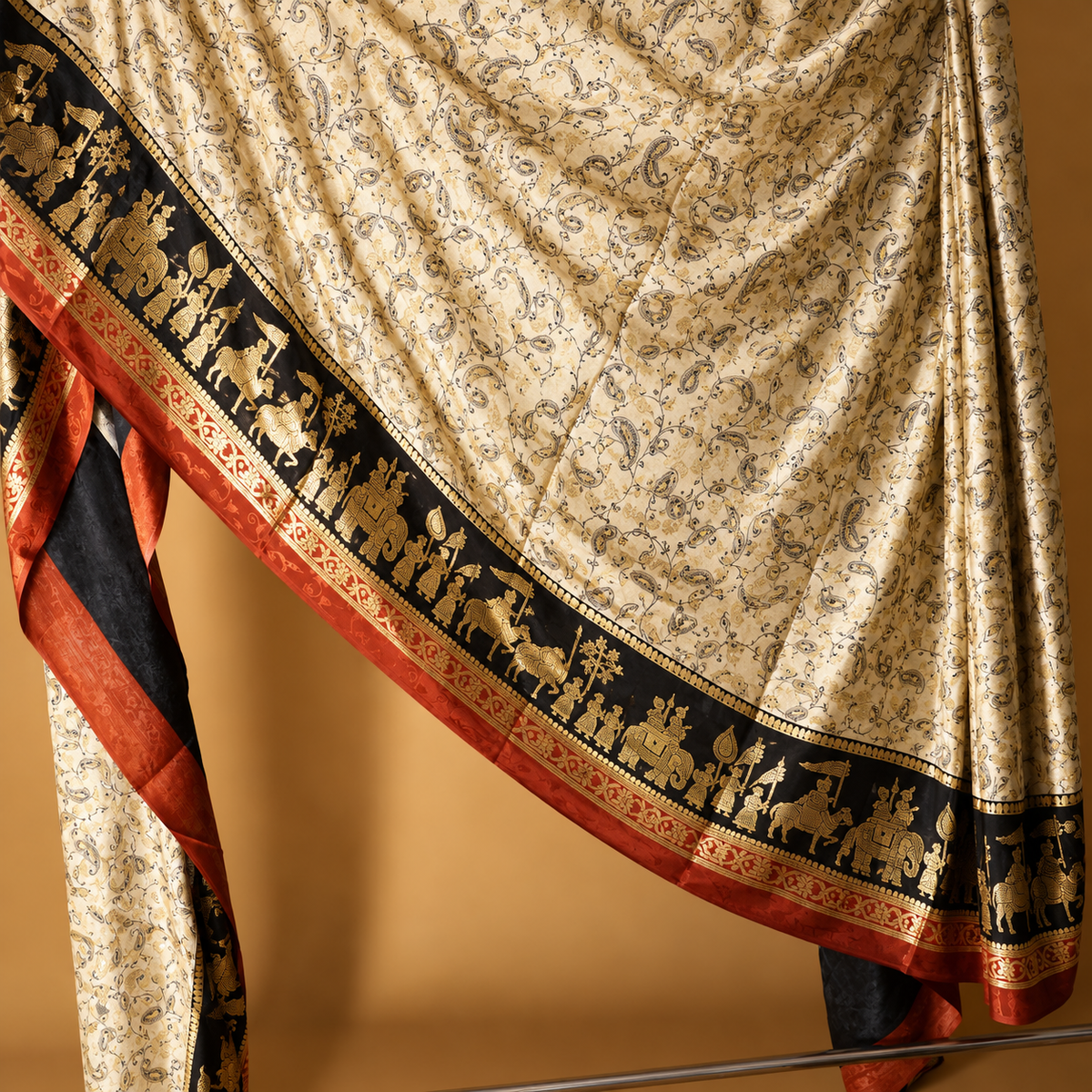 Parampara Handmade Silk Saree – Ivory, Black & Red