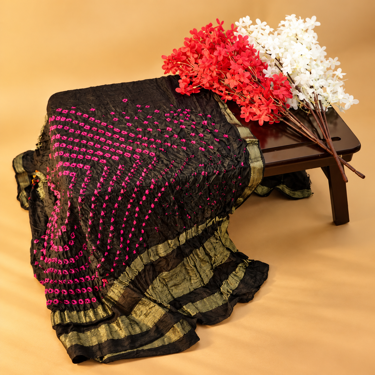 Handmade Bandhani Saree – Black & Magenta
