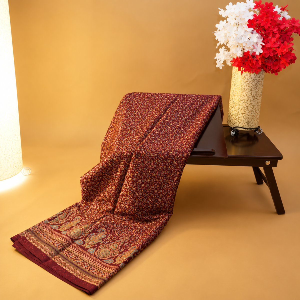Hand-Block Printed Maroon Silk Saree