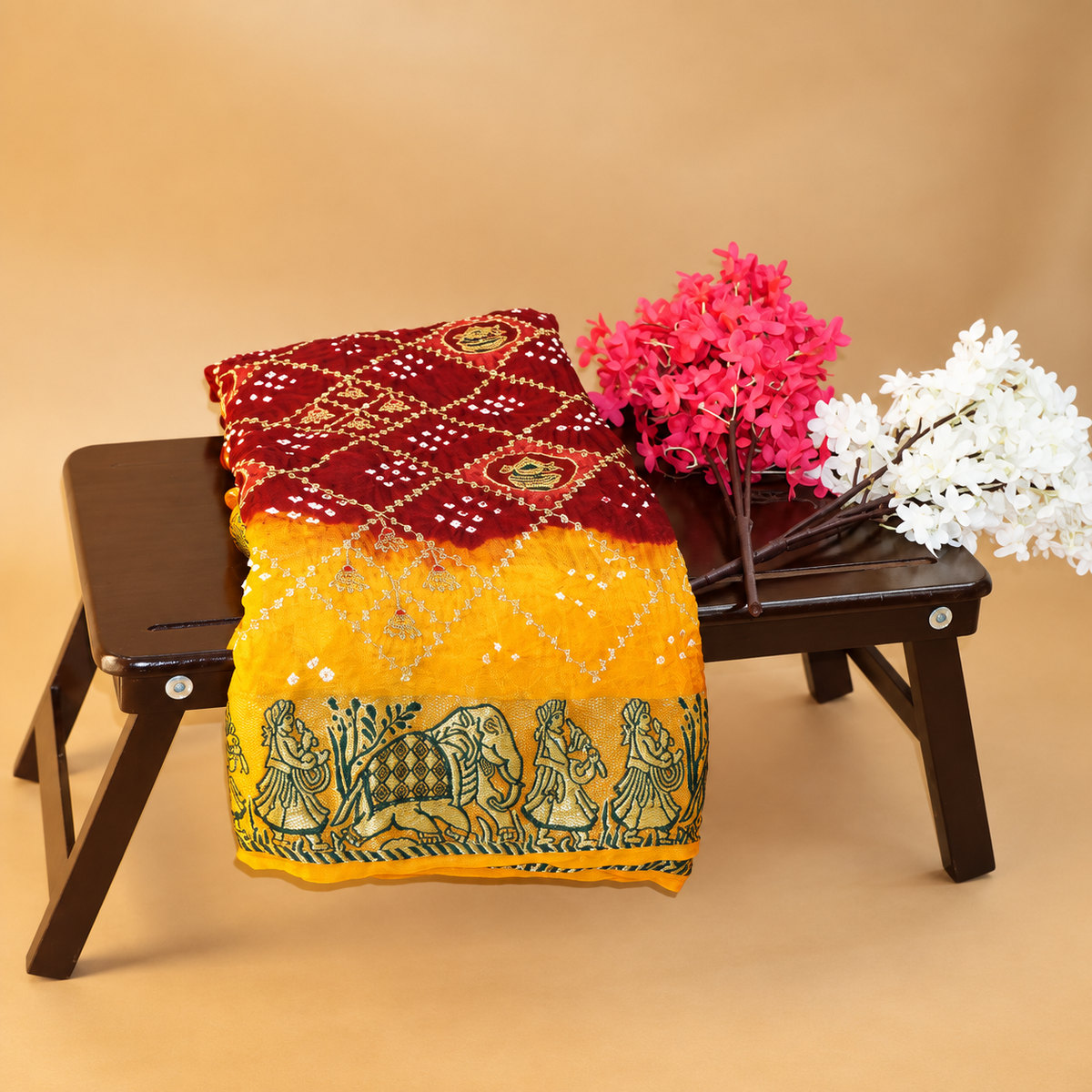 Handmade Bandhani Silk Saree – Maroon &  Mustard Yellow