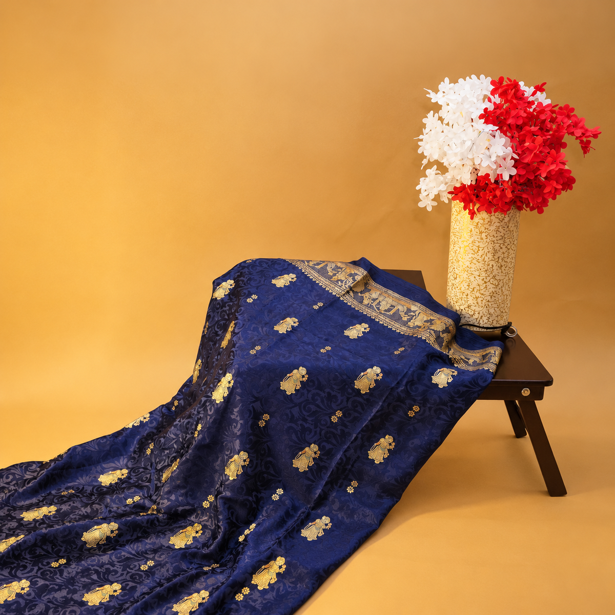 Hand-Block Printed Royal Blue Silk Saree