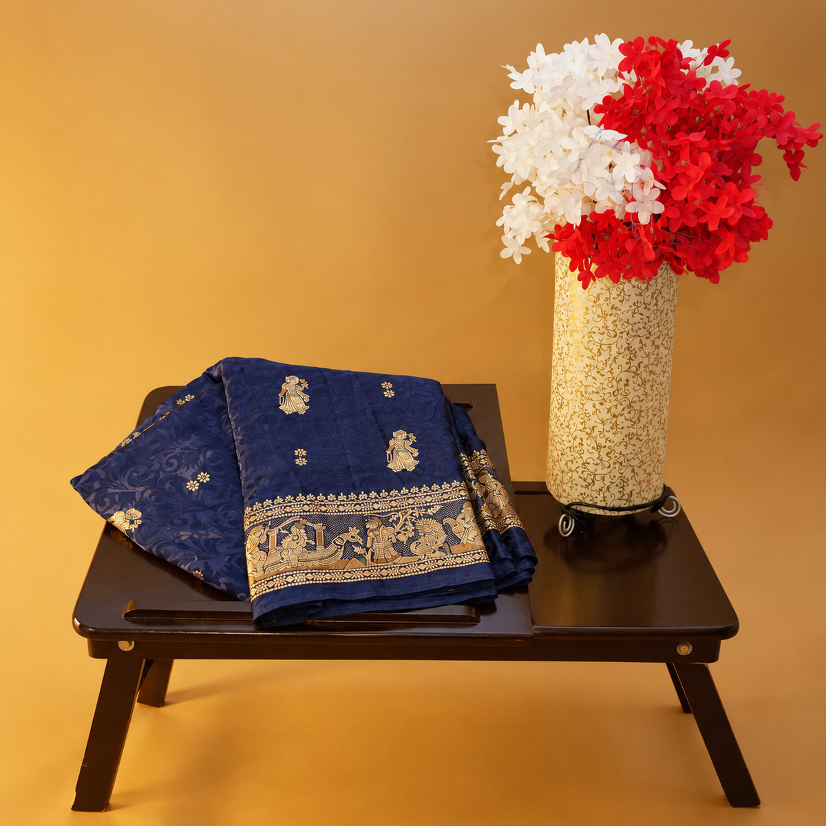 Hand-Block Printed Royal Blue Silk Saree