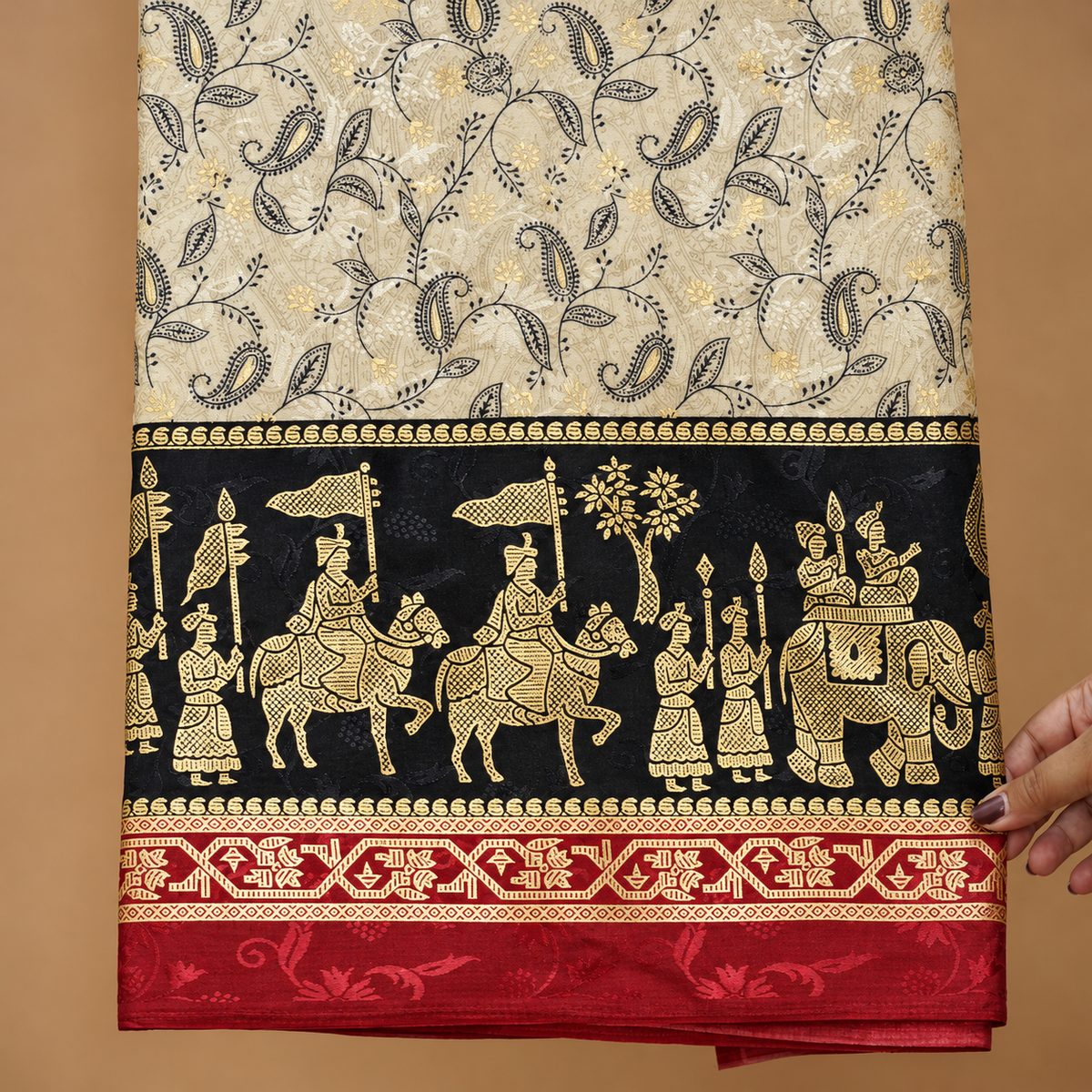 Parampara Handmade Silk Saree – Ivory, Black & Red