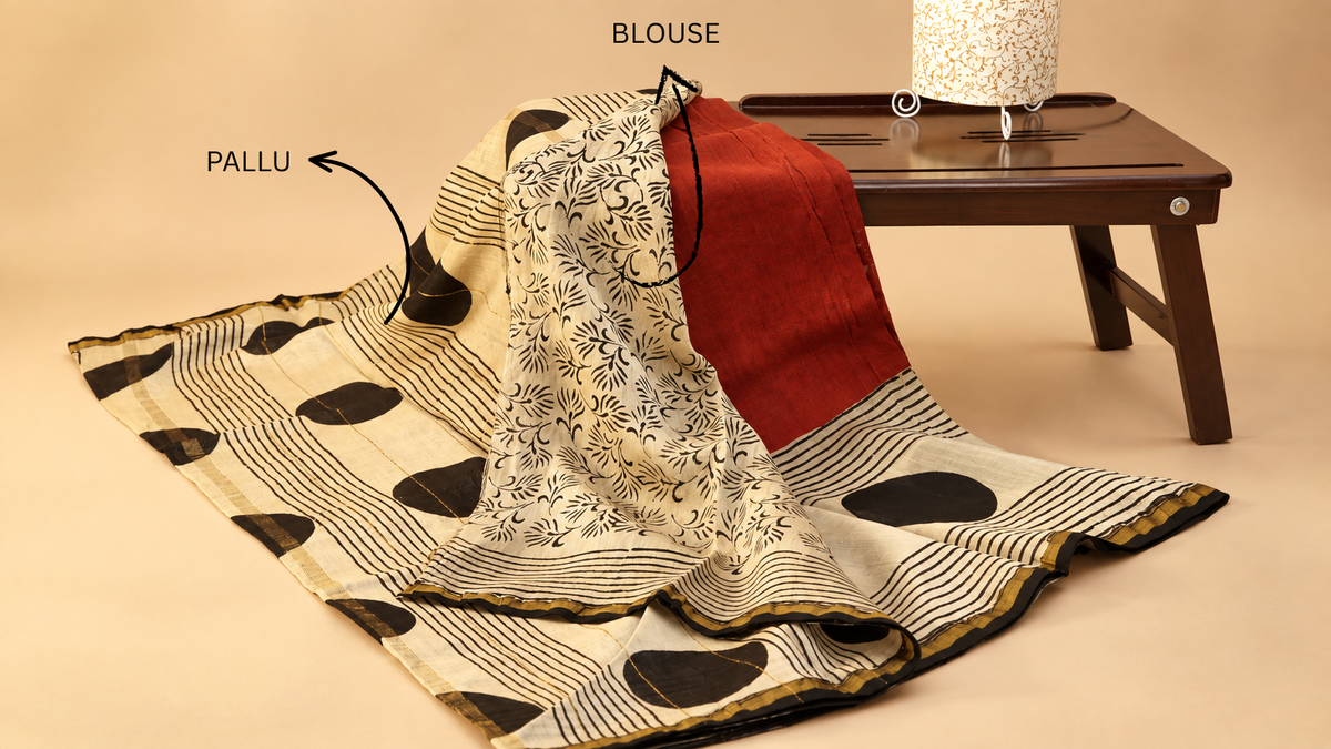 Hand-block Printed Saree | Chanderi Silk | Cream and Maroon with Black and Golden accents