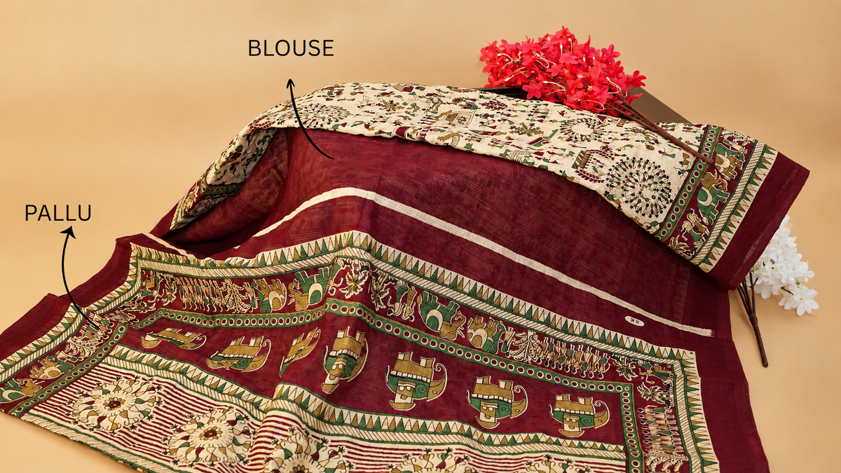 Maroon Khadi Cotton Hand Block Printed Saree