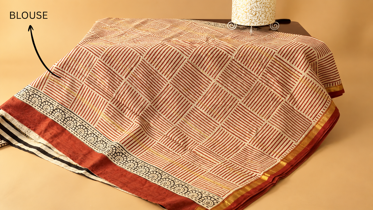 Handmade Khadi Cotton Block Print Saree – Rust & Ivory
