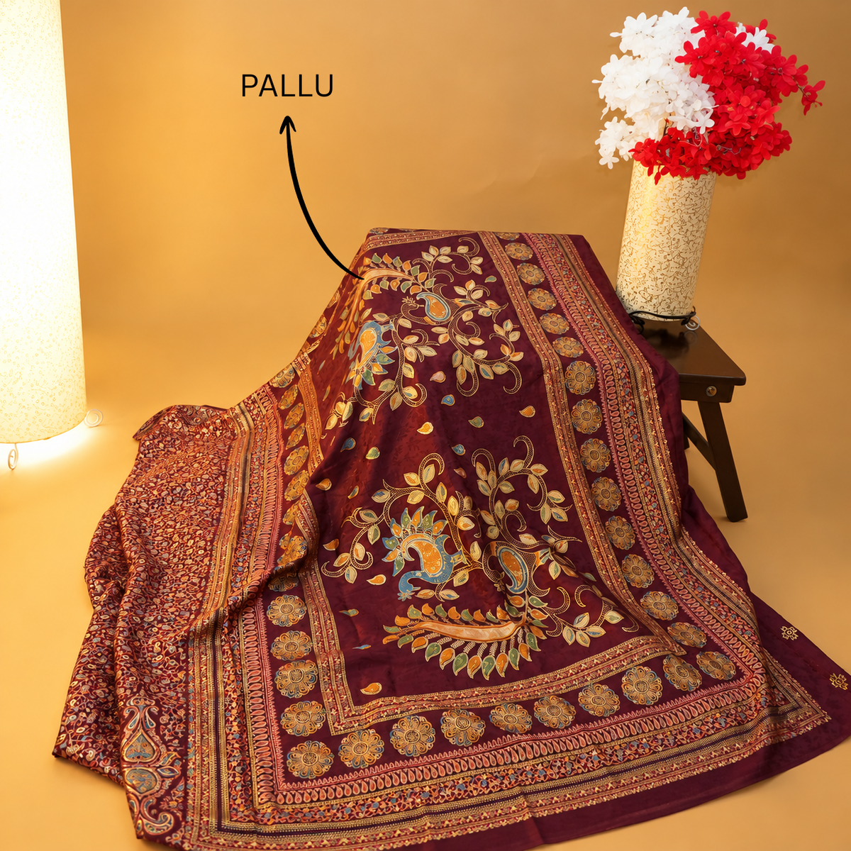 Hand-Block Printed Maroon Silk Saree