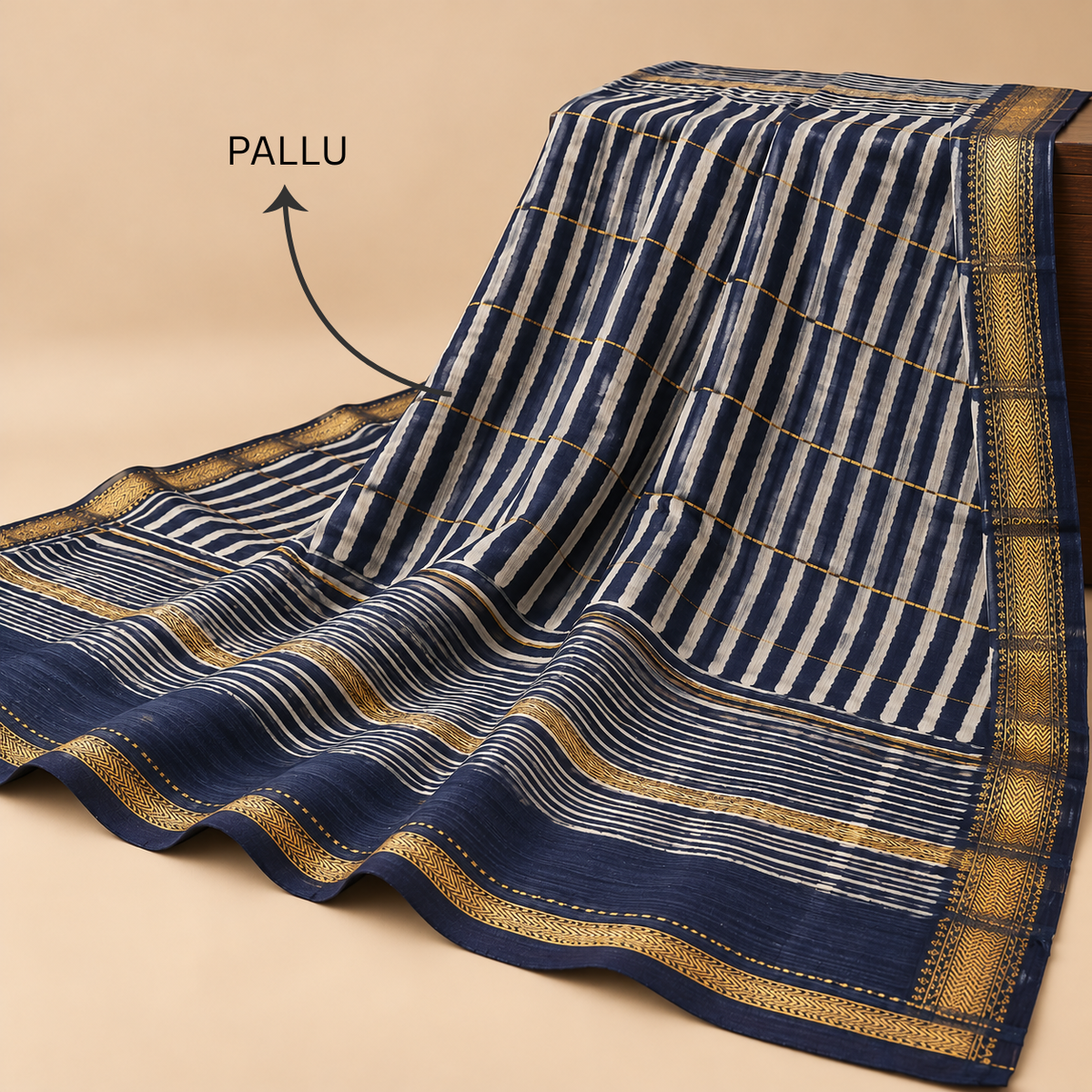 Hand-Block Indigo Printed Saree | Maheshwari Silk