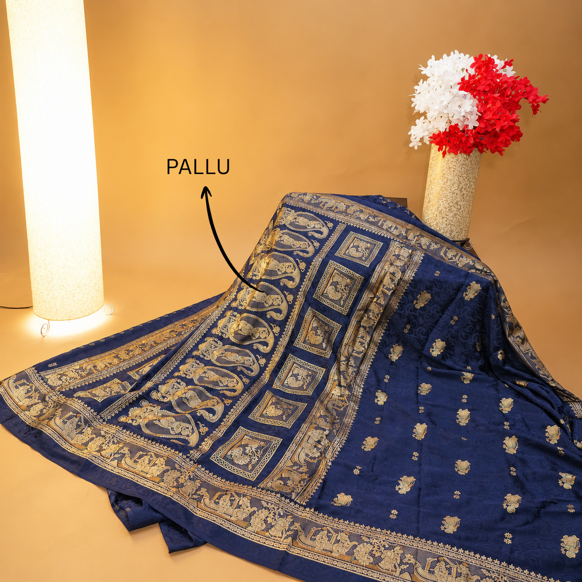 Hand-Block Printed Royal Blue Silk Saree