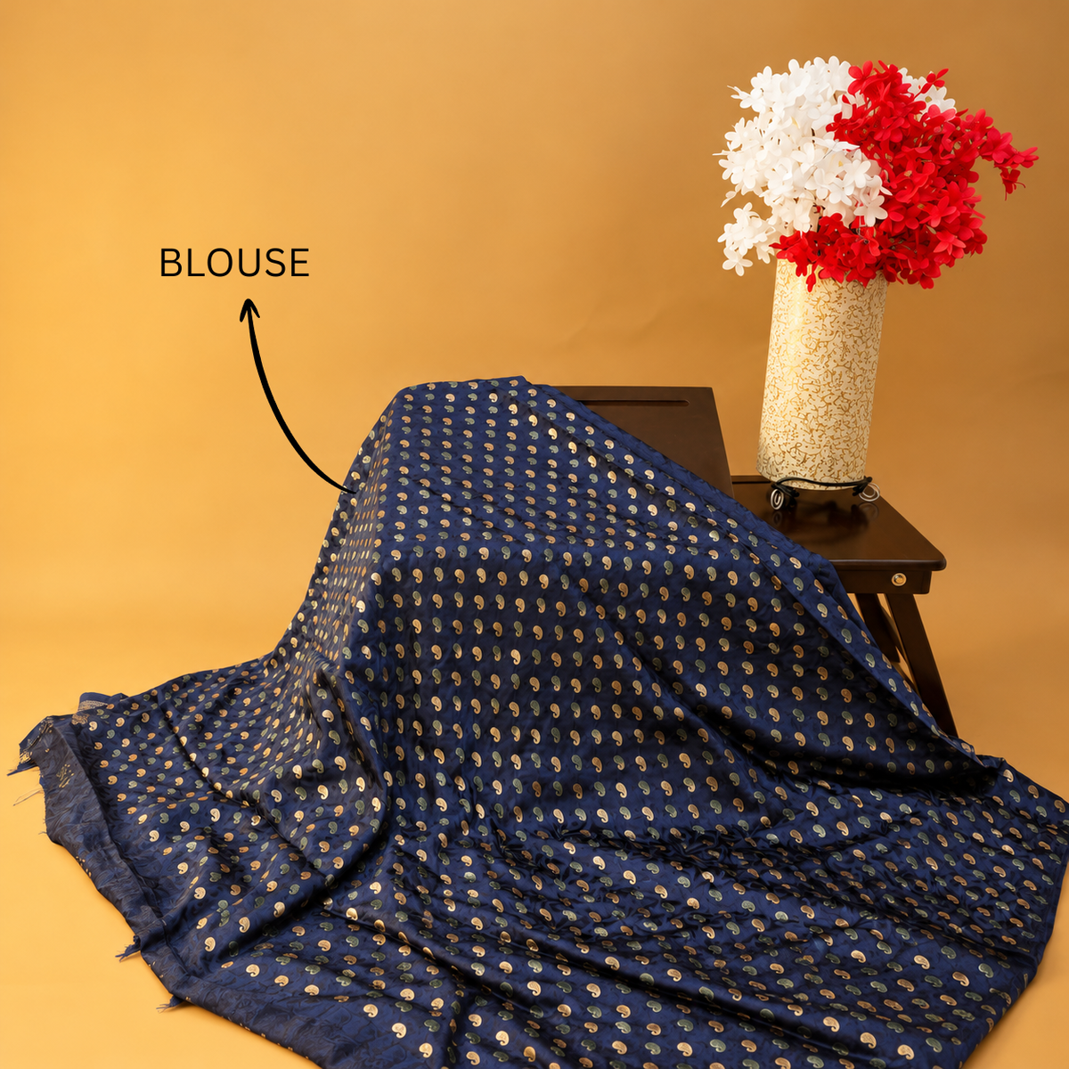 Hand-Block Printed Royal Blue Silk Saree