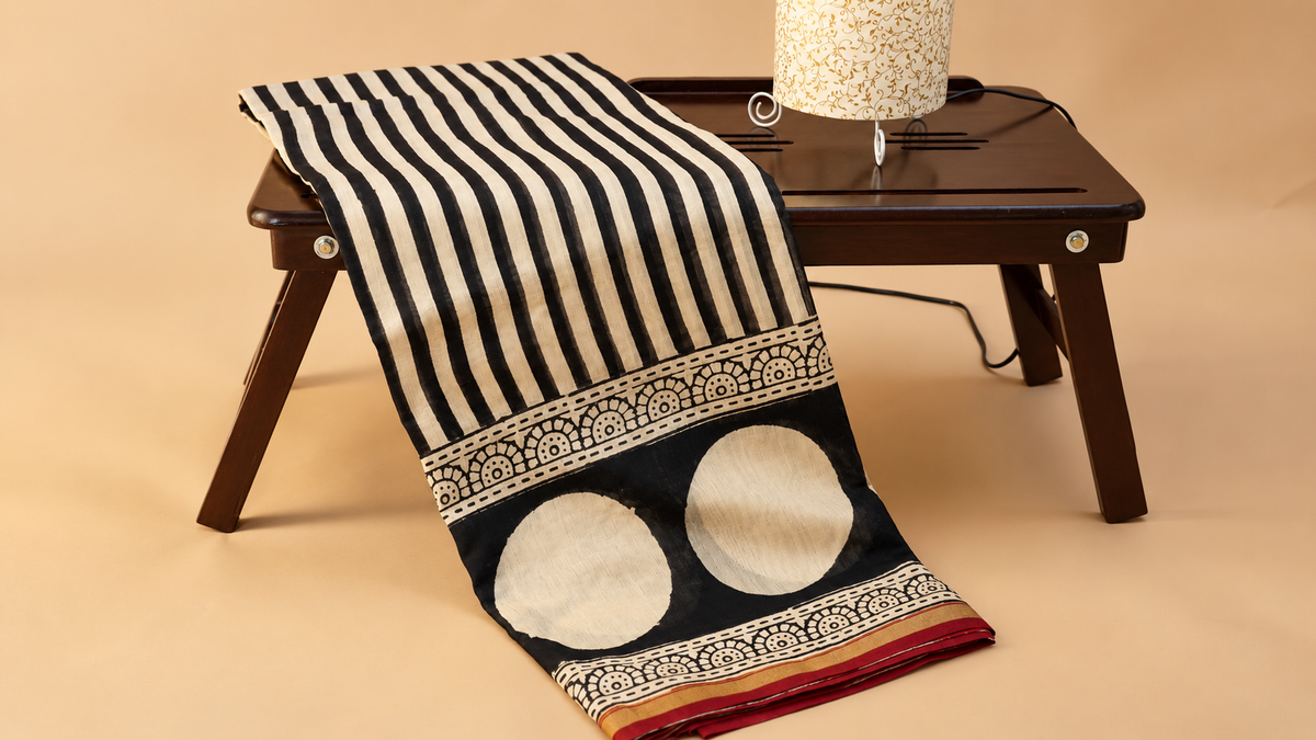 Handmade Khadi Cotton Block Print Saree – Rust & Ivory