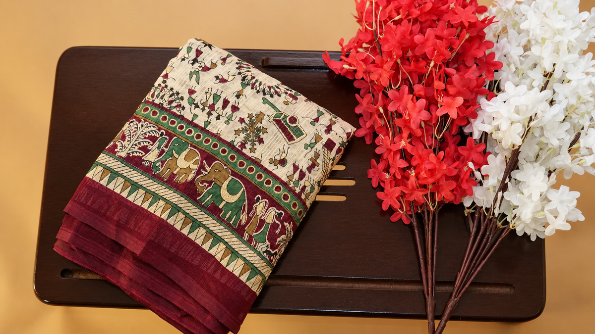 Maroon Khadi Cotton Hand Block Printed Saree