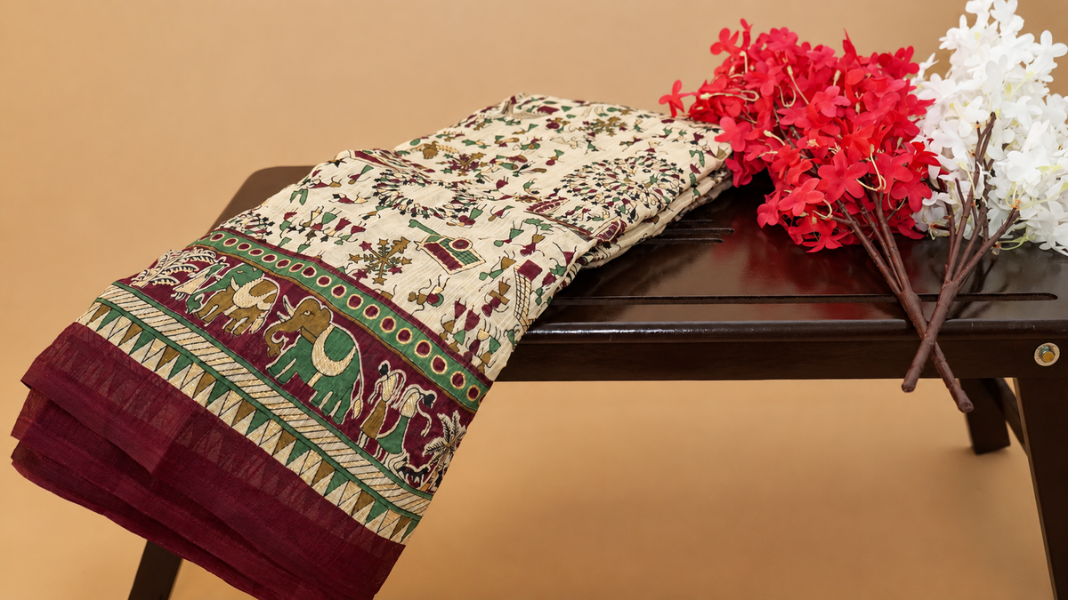 Maroon Khadi Cotton Hand Block Printed Saree