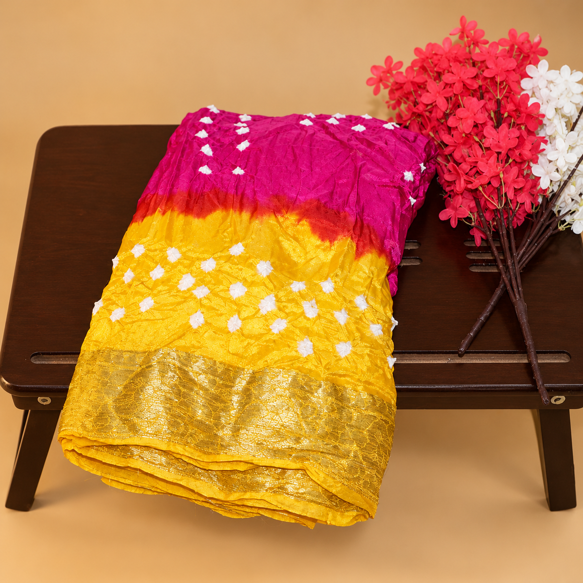 Handmade Silk Bandhani Saree – Magenta & Yellow