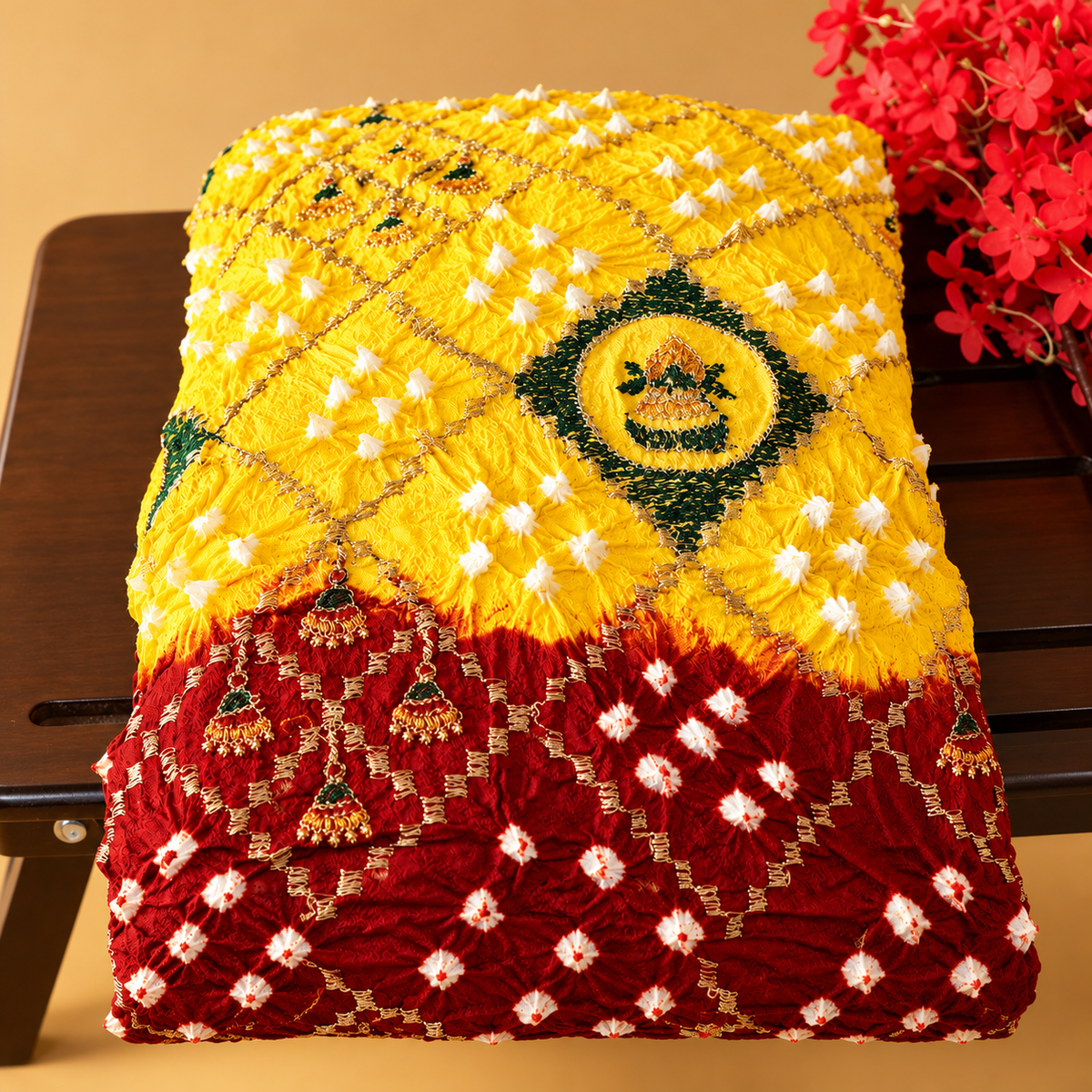 Bandhani Handmade Silk Saree – Yellow & Deep Red