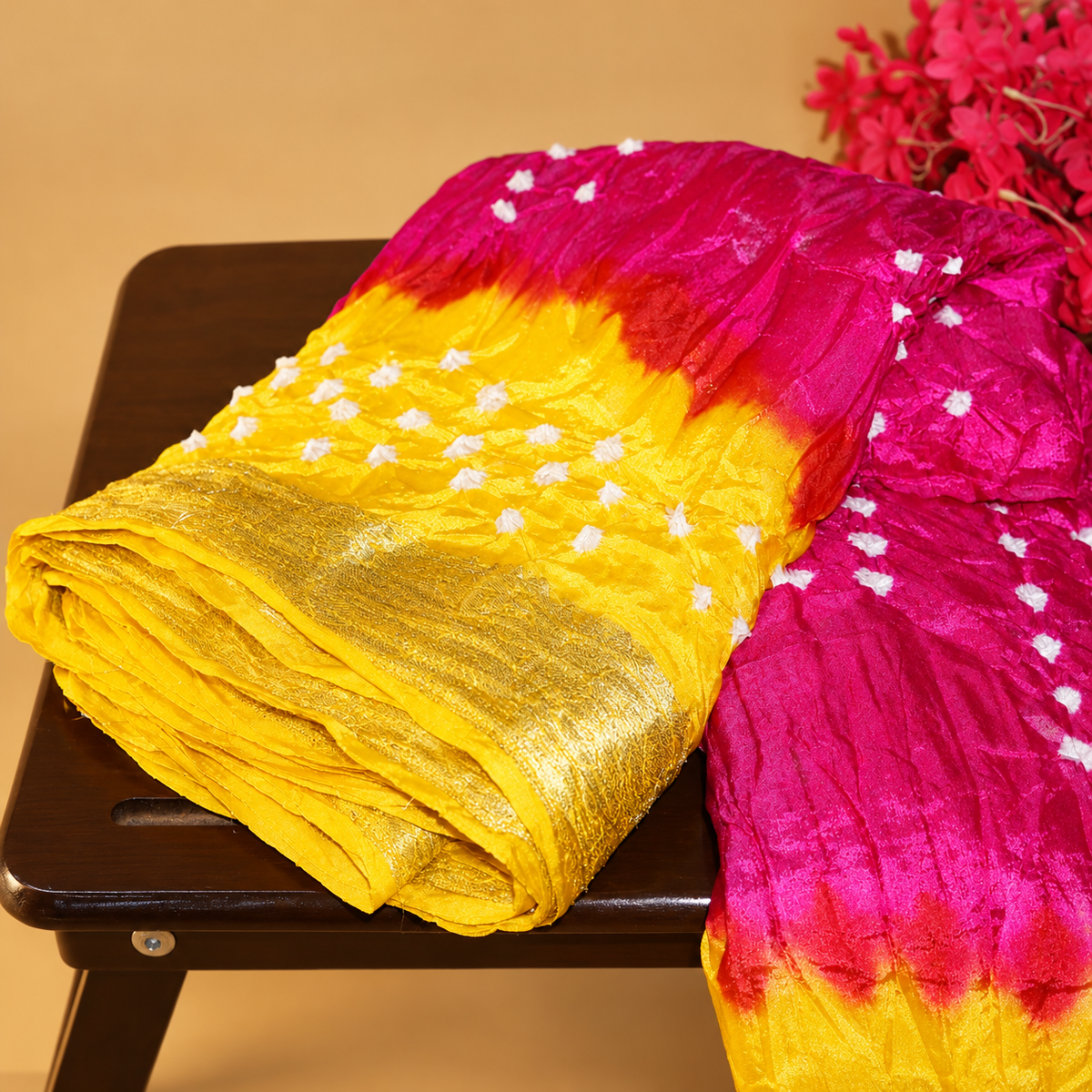Handmade Silk Bandhani Saree – Magenta & Yellow