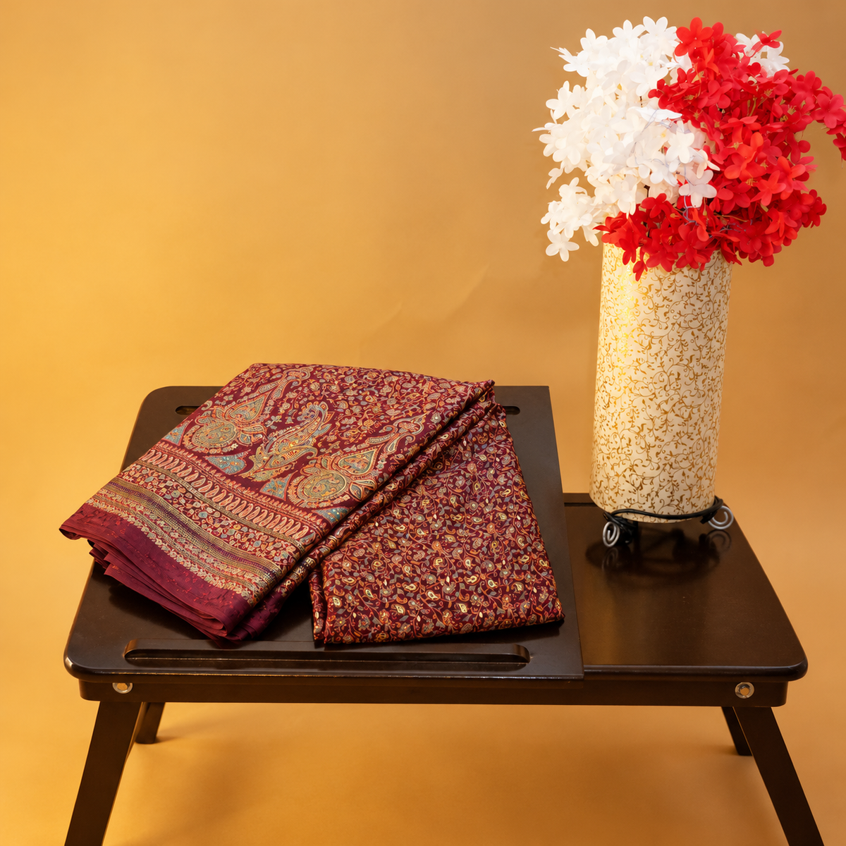 Hand-Block Printed Maroon Silk Saree