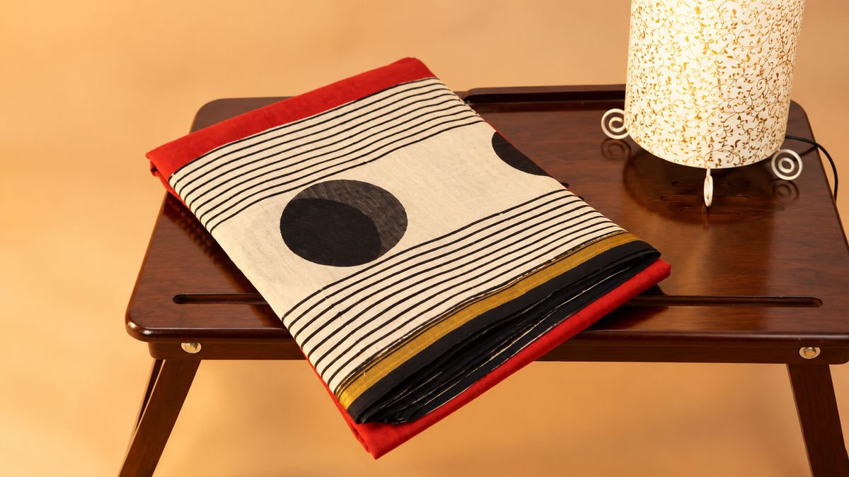 Hand-block Printed Saree | Chanderi Silk | Cream and Maroon with Black and Golden accents