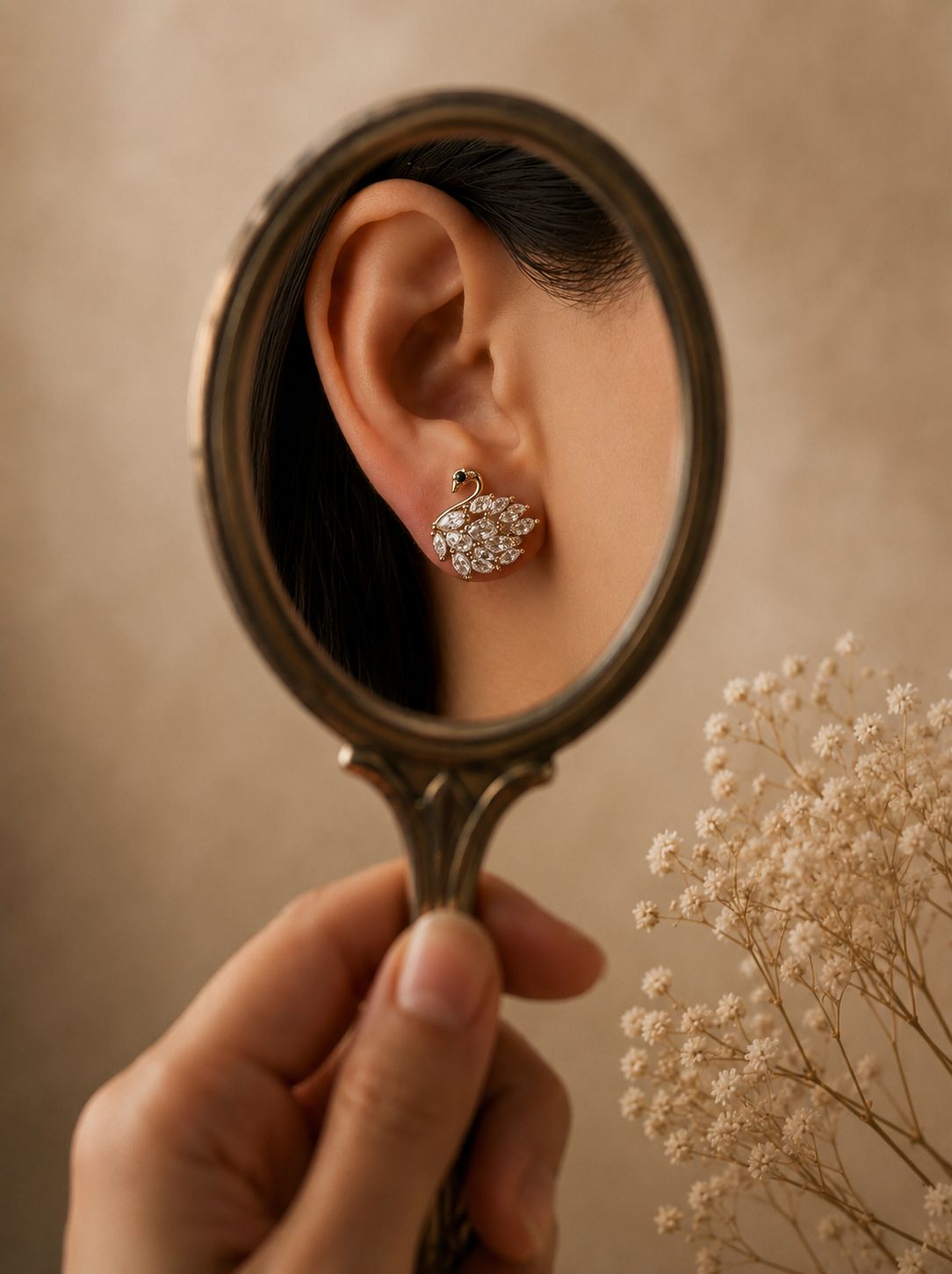 Celeste Swan Crystal Stud Earrings – Gold Finish