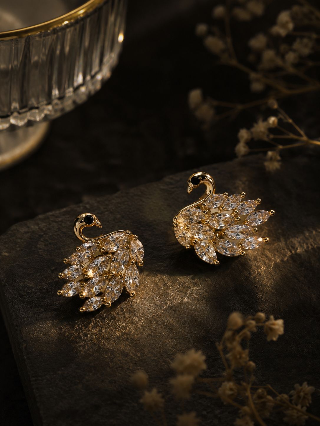 Celeste Swan Crystal Stud Earrings – Gold Finish