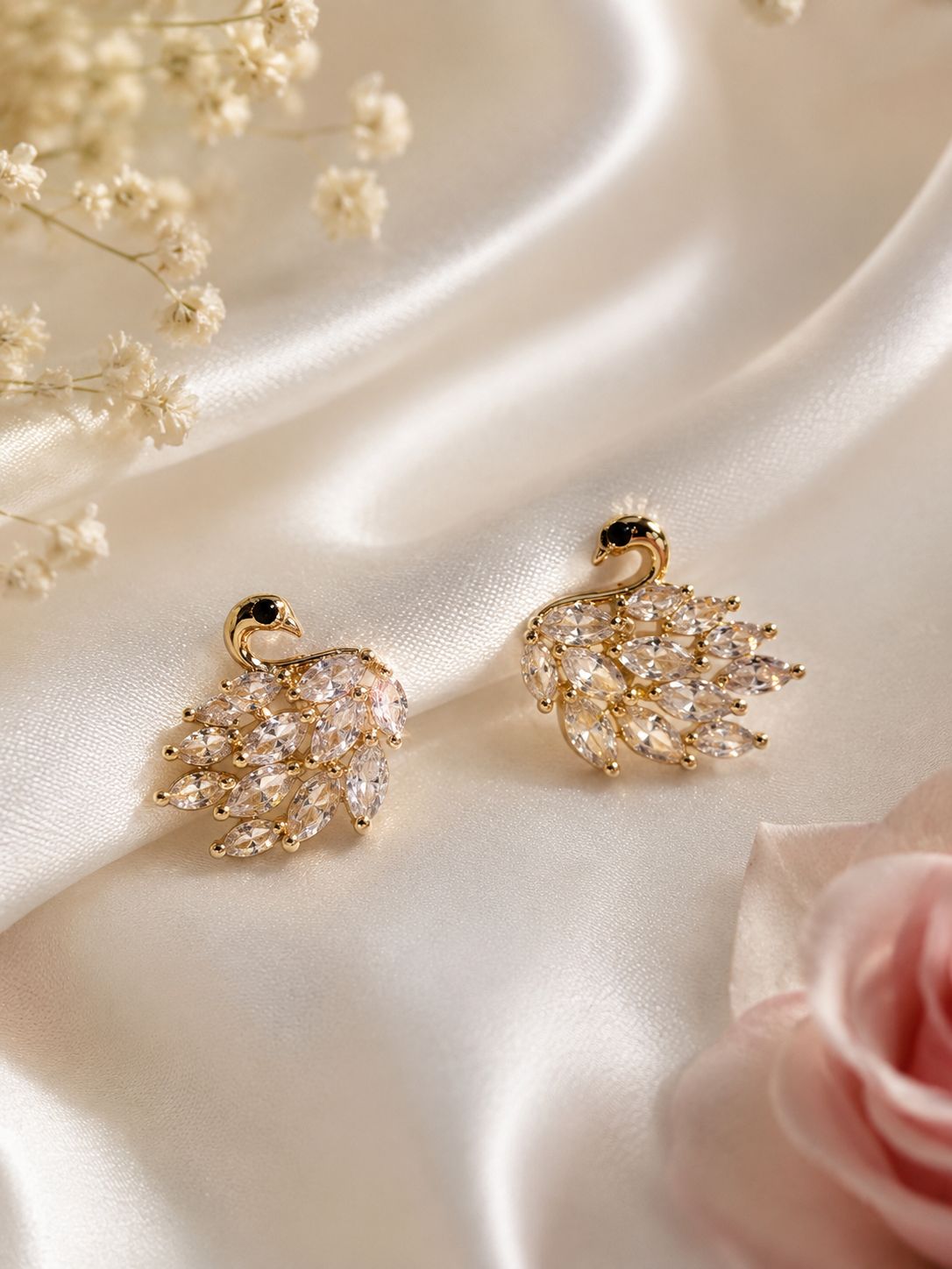 Celeste Swan Crystal Stud Earrings – Gold Finish
