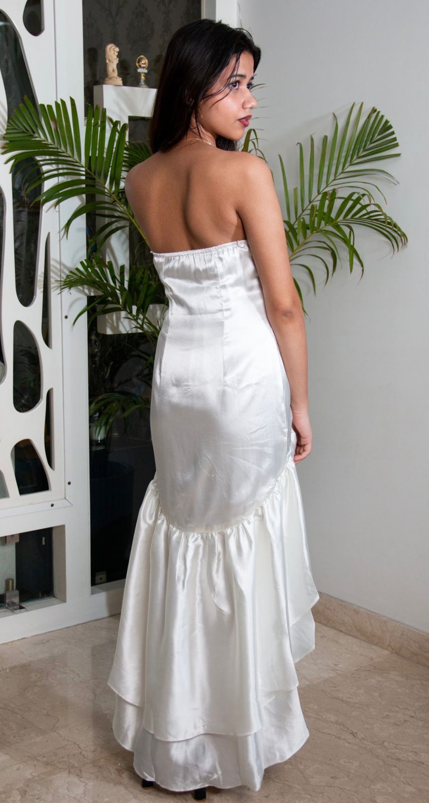 Delilah  | Off-White Satin Asymmetrical Tiered Strapless Dress