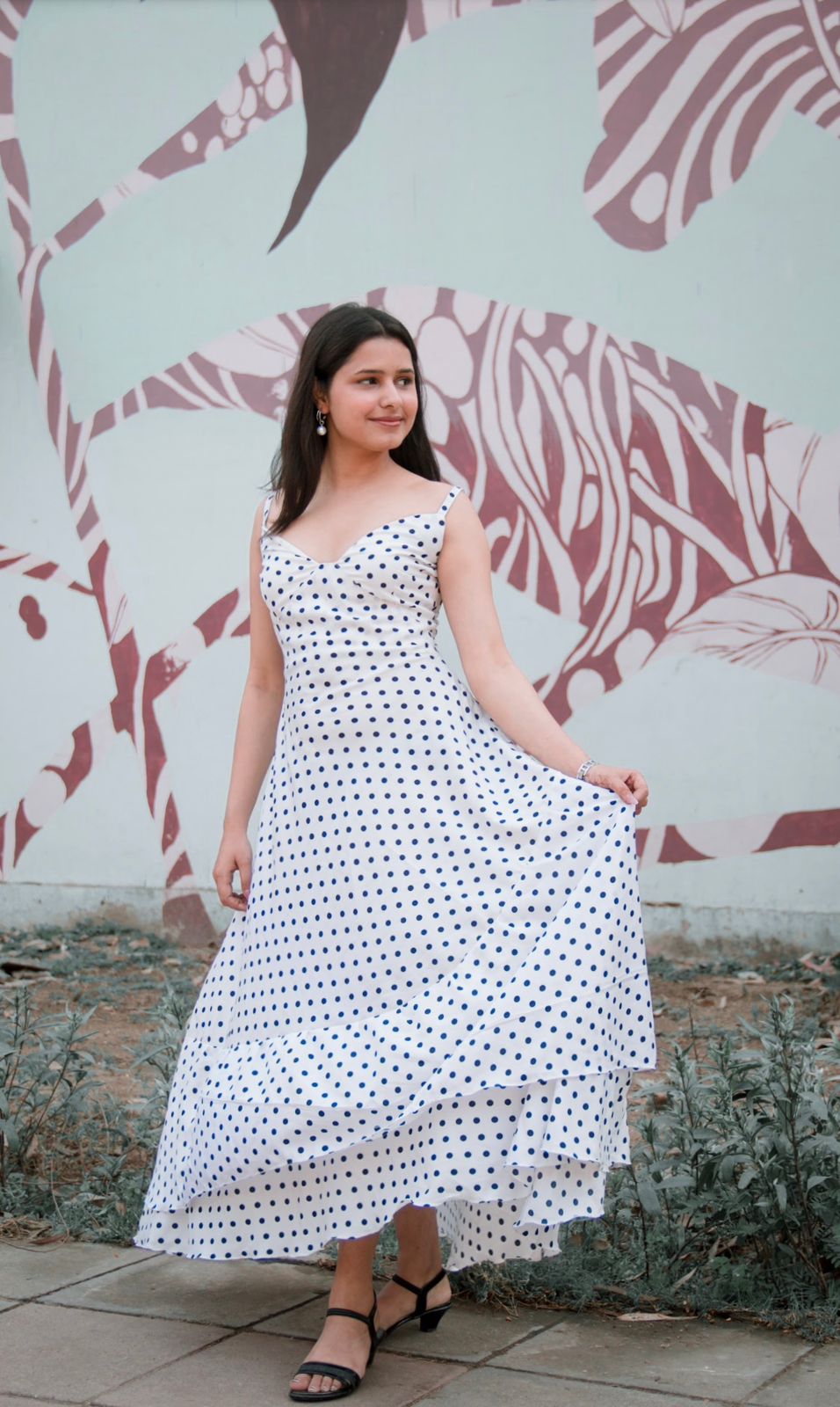 Amour | White-Black Strapped Polka Dots Tiered Dress