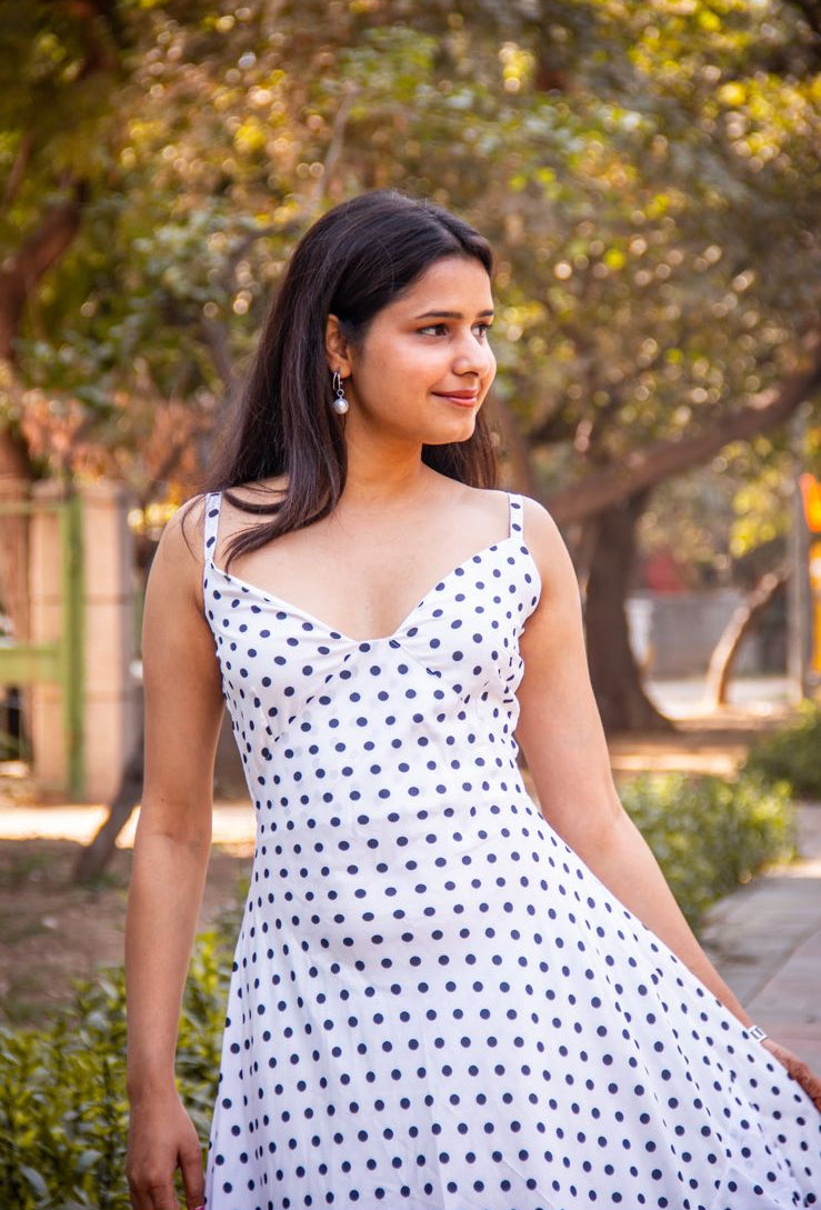 Amour | White-Black Strapped Polka Dots Tiered Dress