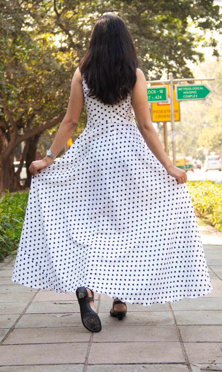 Amour | White-Black Strapped Polka Dots Tiered Dress
