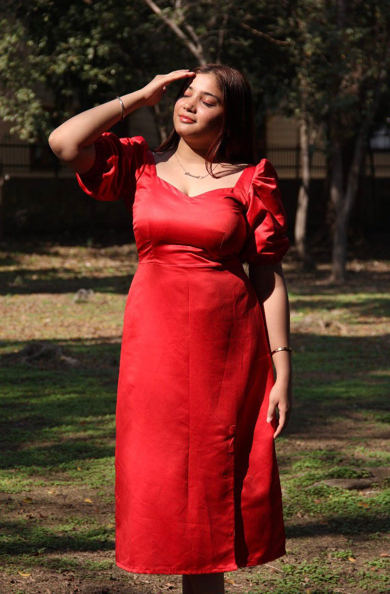 Scarlette | Red Satin Puff-Sleeved Midi Dress With Slit
