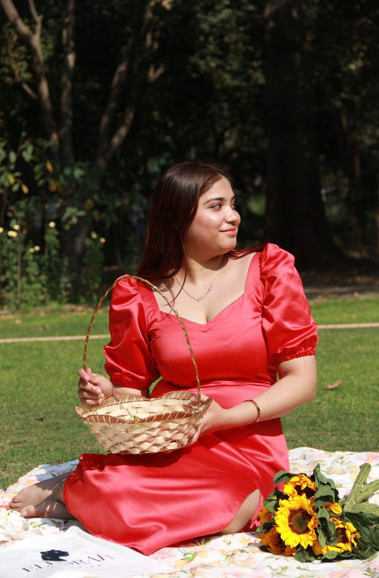 Scarlette | Red Satin Puff-Sleeved Midi Dress With Slit