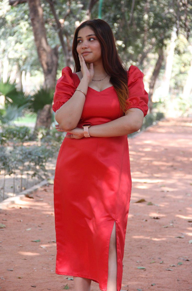 Scarlette | Red Satin Puff-Sleeved Midi Dress With Slit