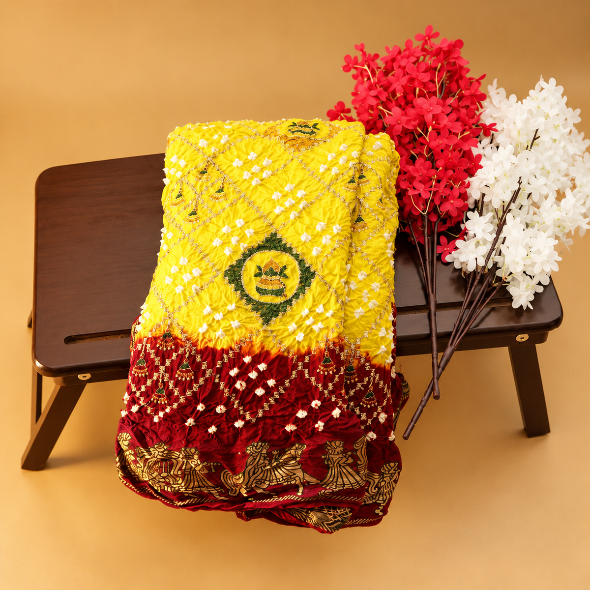 Bandhani Handmade Silk Saree – Yellow & Deep Red